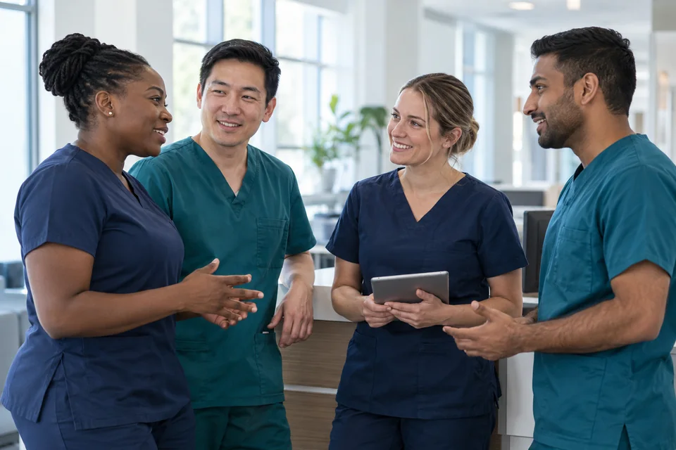 Four nursing professionals in navy and teal scrubs talking together at a bright nurses’ station.